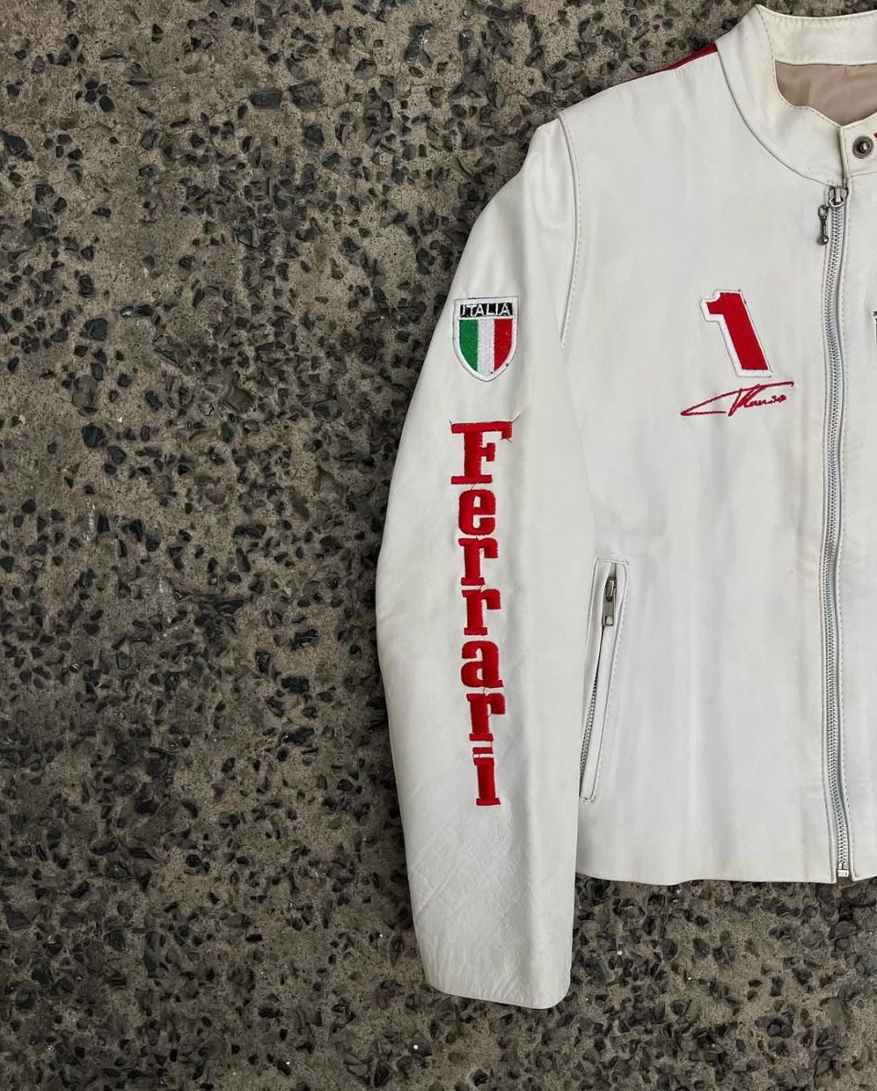Exclusive White & Red Genuine Leather Ferrari Motorsport Racing Jacket - Multi-Sponsor Edition