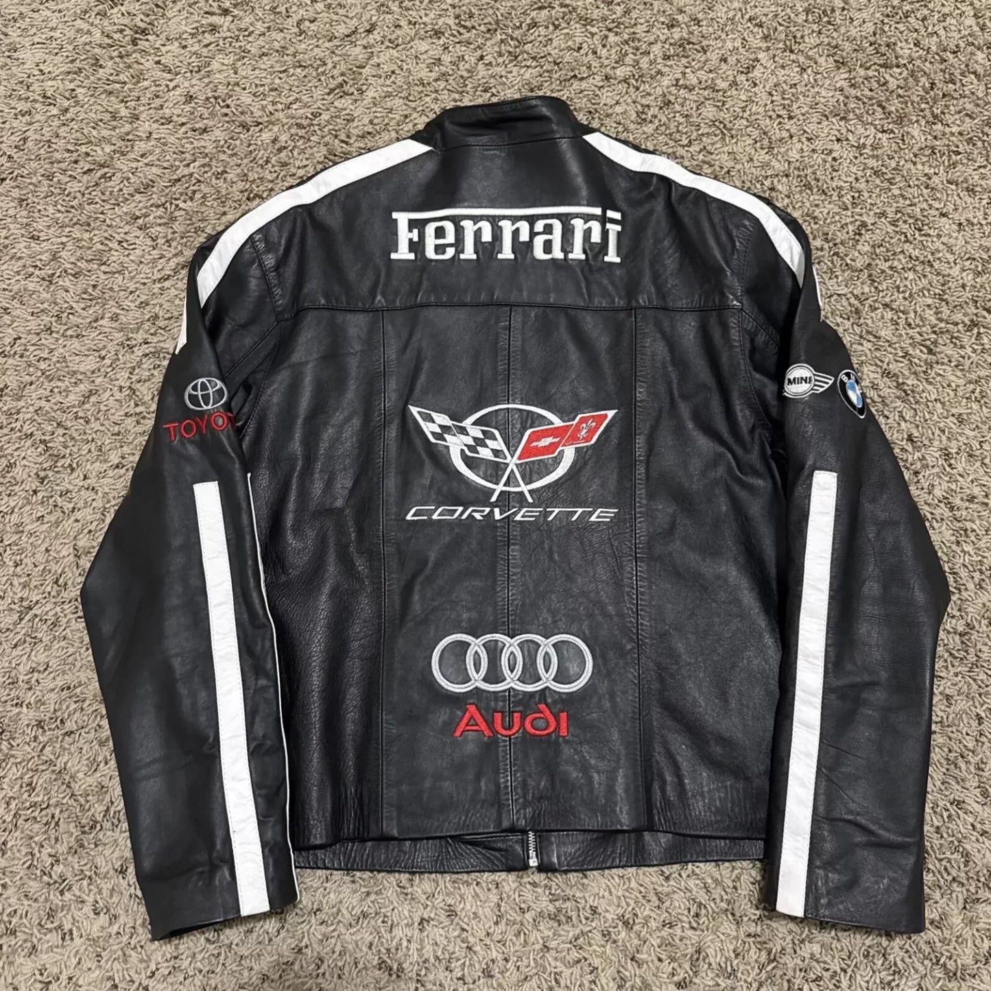 Exclusive Multi-Brand Motorsport Black Leather Jacket - Ferrari, Corvette, Audi Tribute