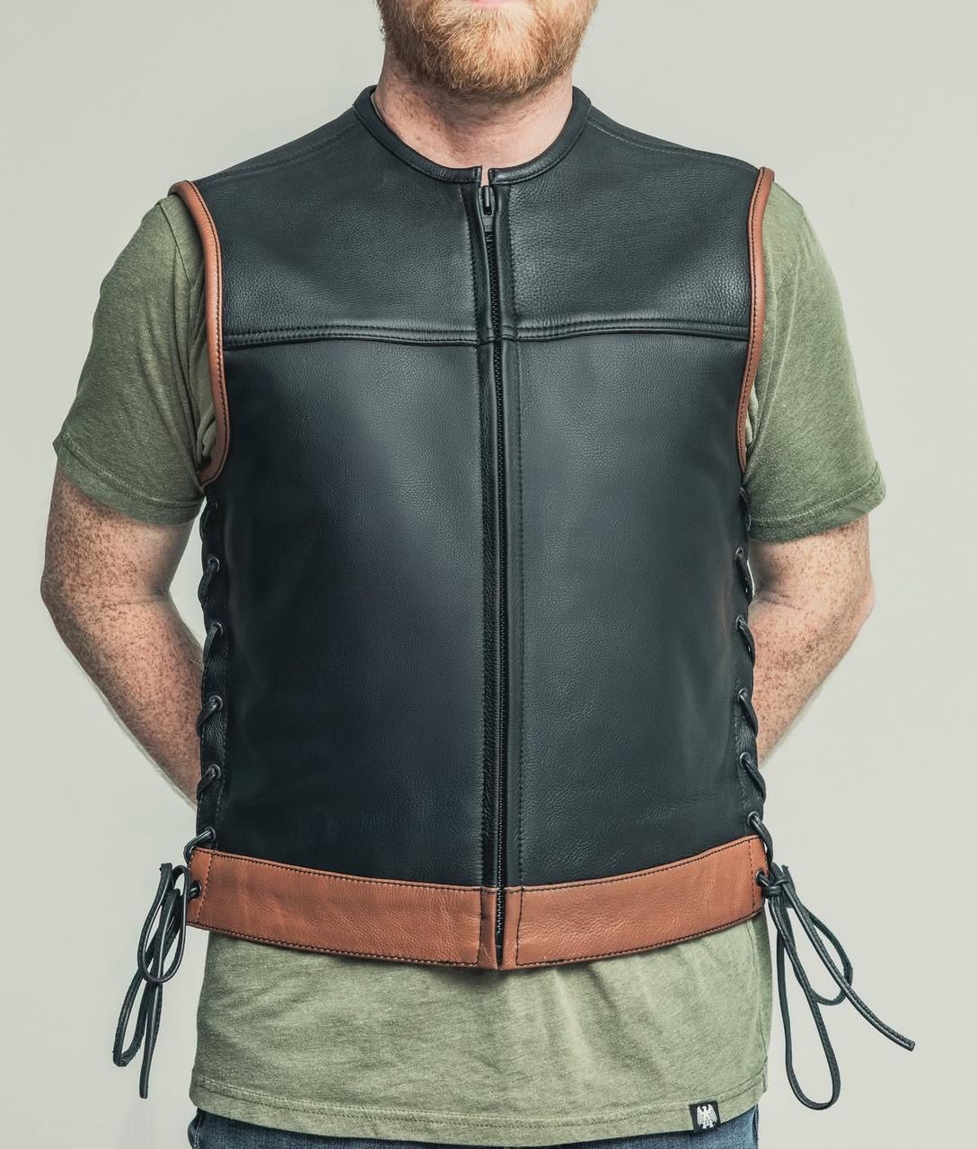 Men's Black Leather Biker Vest with Brown Trim – Zipper Front & Side Laces