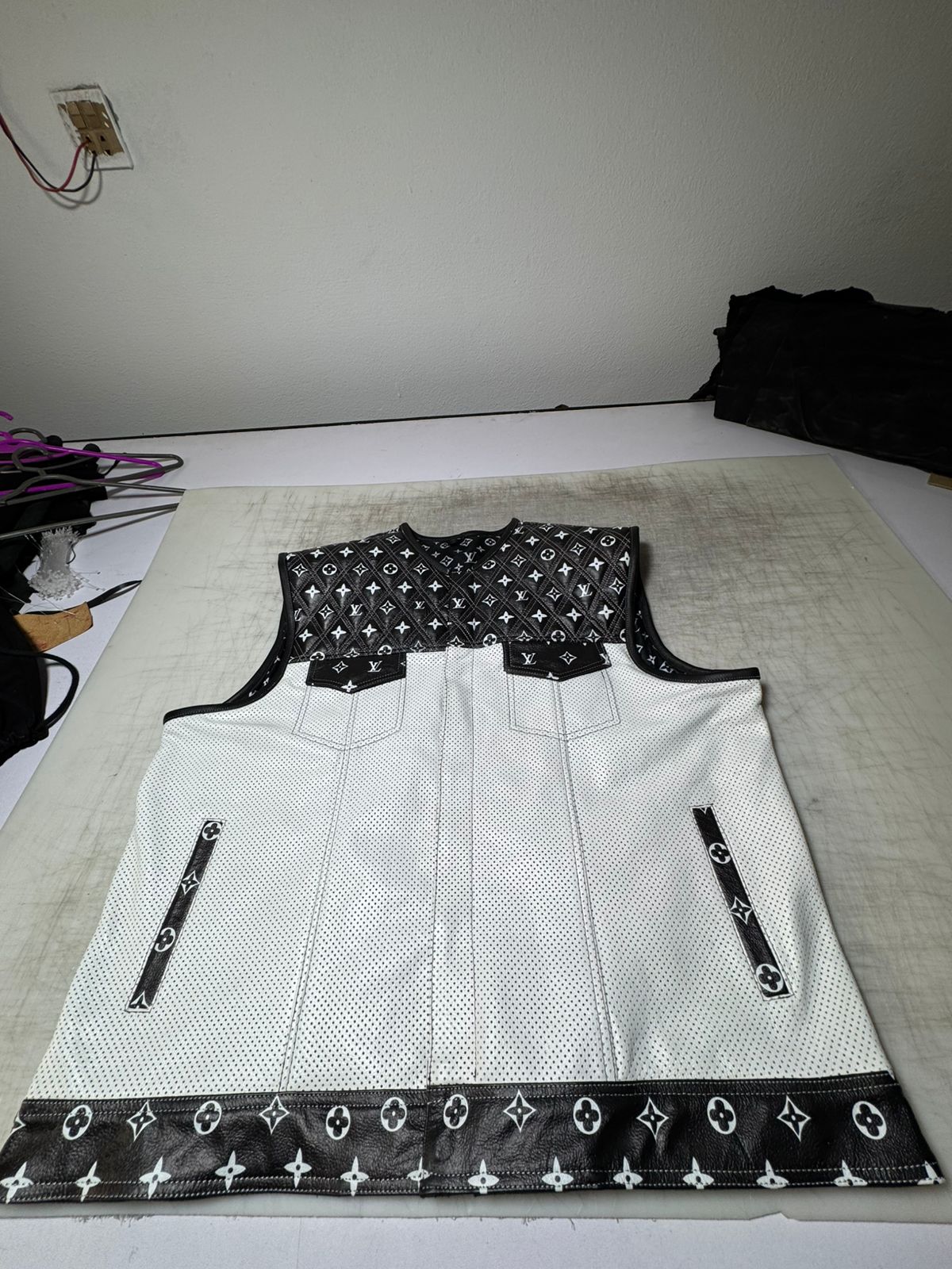 Lo*uis Vuit**n Premium Branded Black and White perforated leather Biker Vest