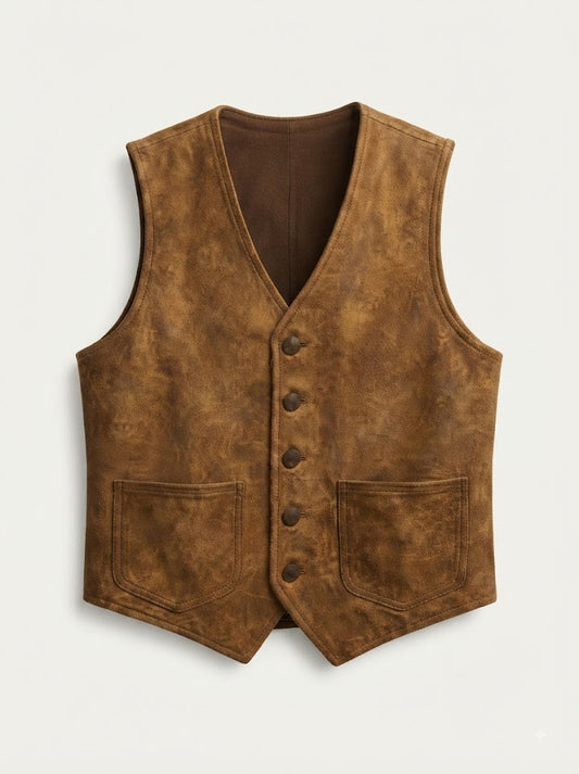 Men’s Vintage Distressed Brown Sheepskin Leather Vest – Genuine Cowboy Western Waistcoat