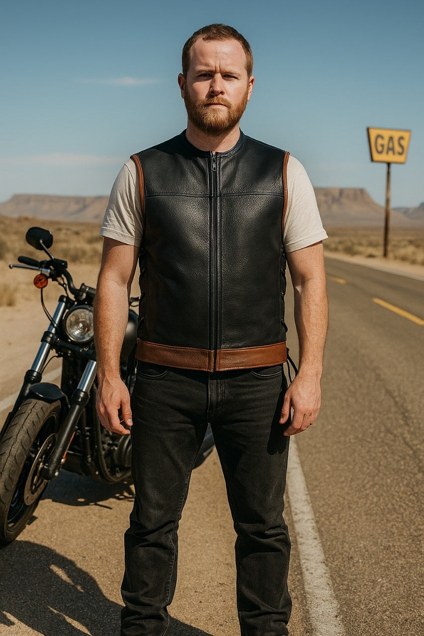 Men's Black Leather Biker Vest with Brown Trim – Zipper Front & Side Laces