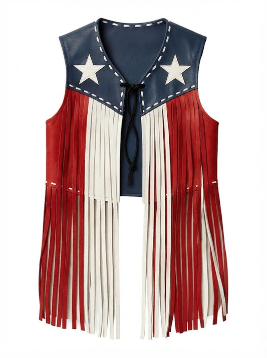 Handmade American Flag Leather Fringe Vest: Western Rodeo Biker Outfit