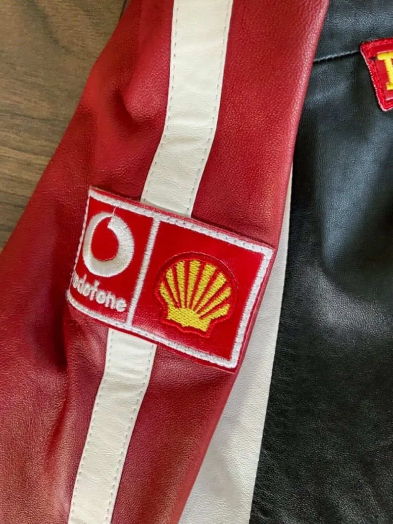 Premium Genuine Leather Ferrari Racing Jacket  Black, White & Red Color Block