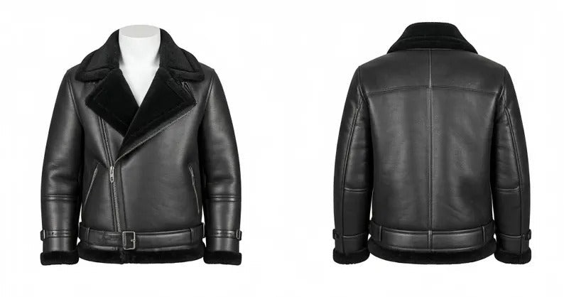 Handmade Black B3 Bomber Aviator Shearling Fur Jacket | Sheepskin Shearling Fur Flying pilot Winter Jacket | Men's RAF Real Leather Jacket