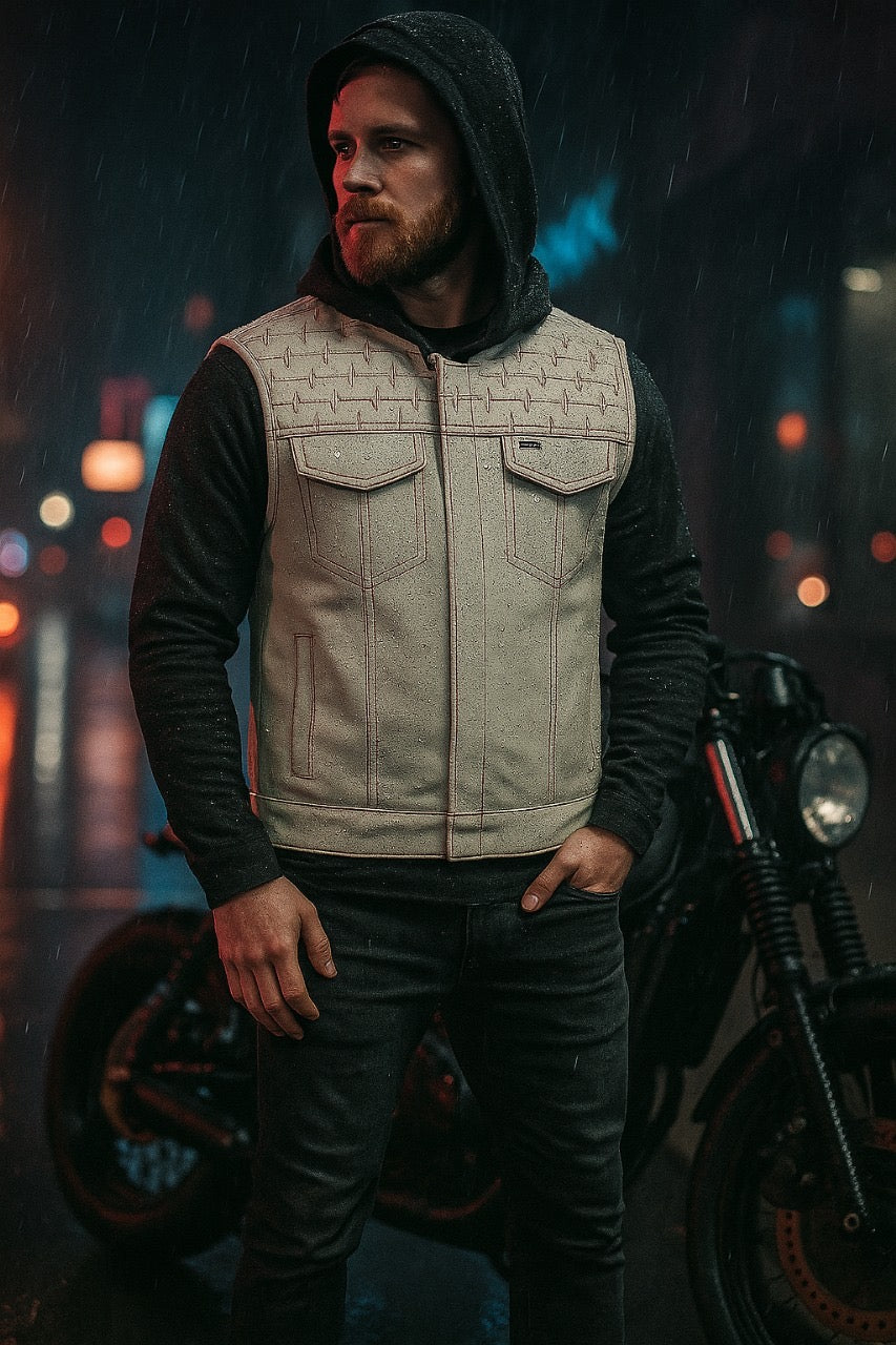 Men’s White Biker Leather Vest with Red Heartbeat Embroidery – Genuine Leather Statement Piece