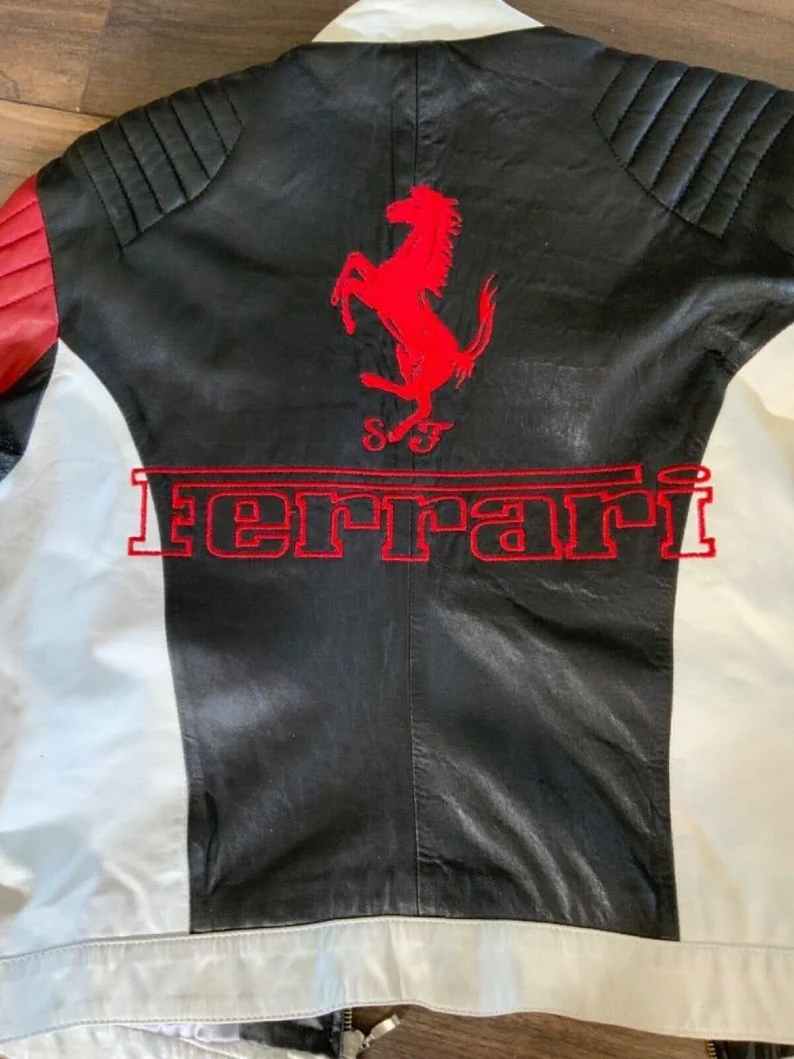 Premium Genuine Leather Ferrari Racing Jacket  Black, White & Red Color Block