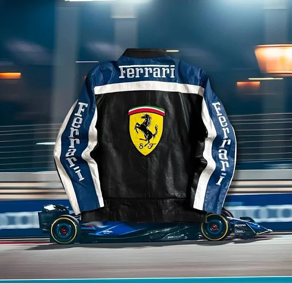 Ferrari Blue & White Racing Jacket – 100% Genuine Leather F1 Motorcycle Streetwear