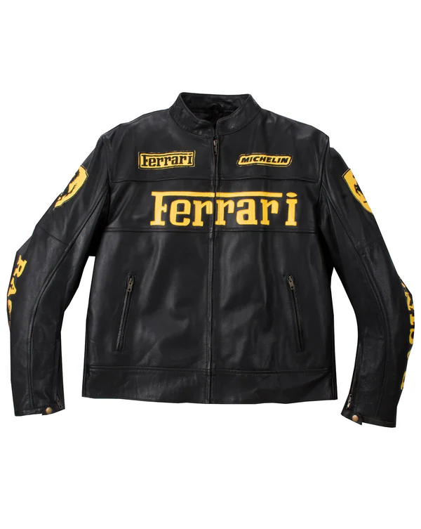 Classic Black Genuine Leather Ferrari Racing Jacket - Yellow Logos & Quilted Interior