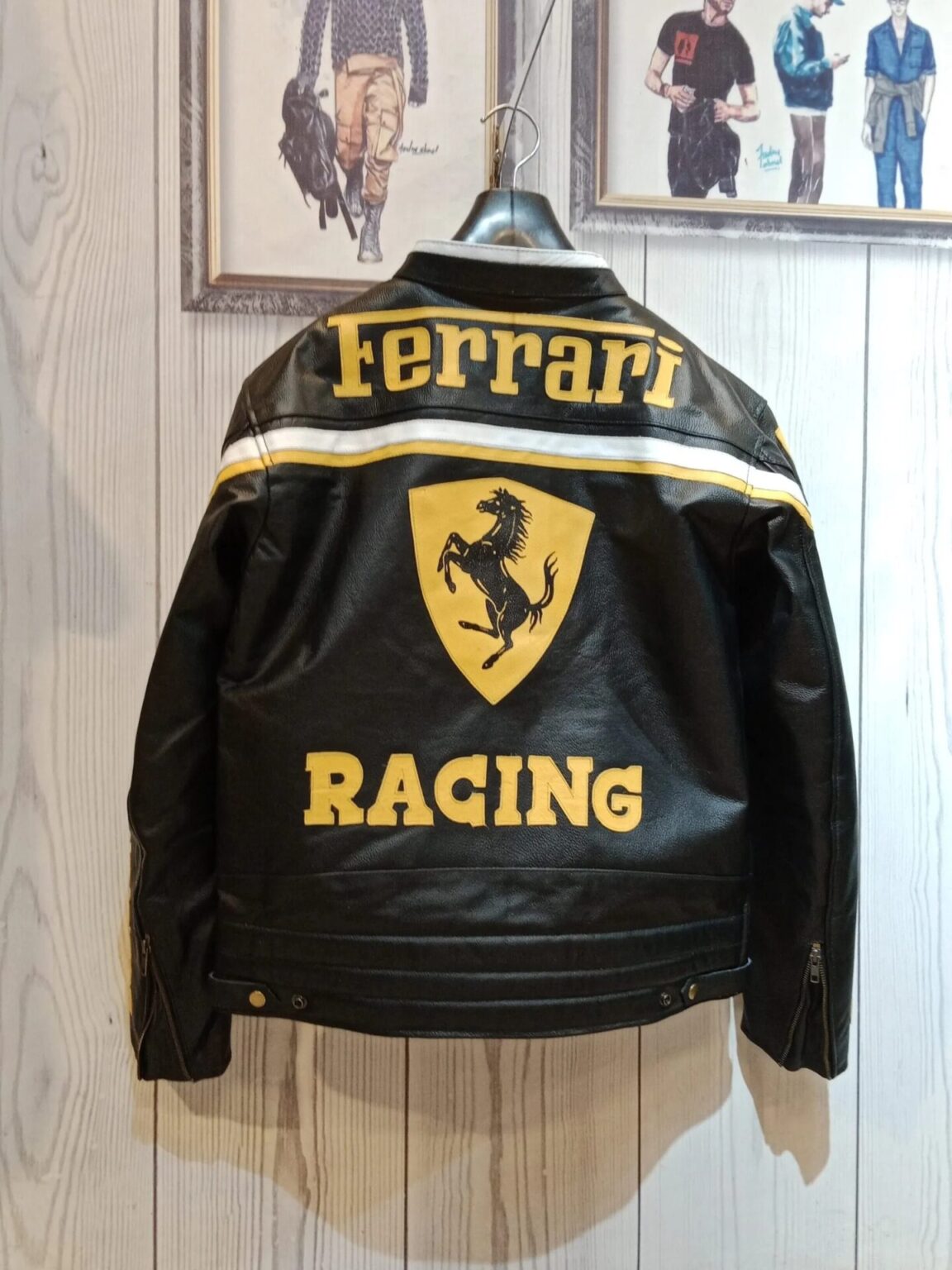 Premium Black & Yellow Ferrari RACING Leather Jacket - Vintage Biker F1 Style