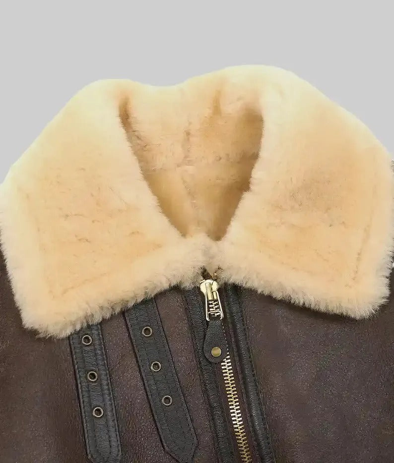 Men's Brown Shearling Fur Leather Jacket, B3 Bomber RAF Style Jacket, Real Sheepskin Leather Jacket, Aviator Leather Jacket, Gift For Him