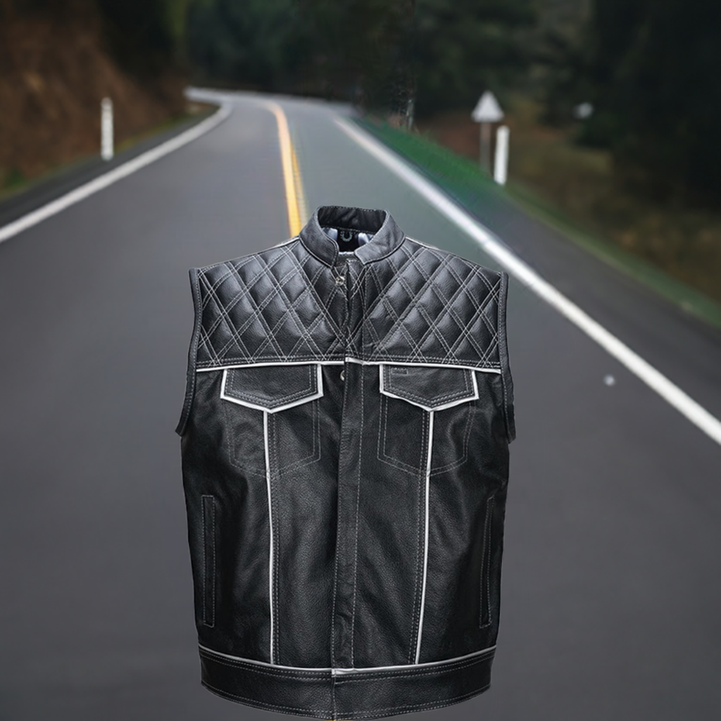 Checkered diamond-stitch biker vest for men