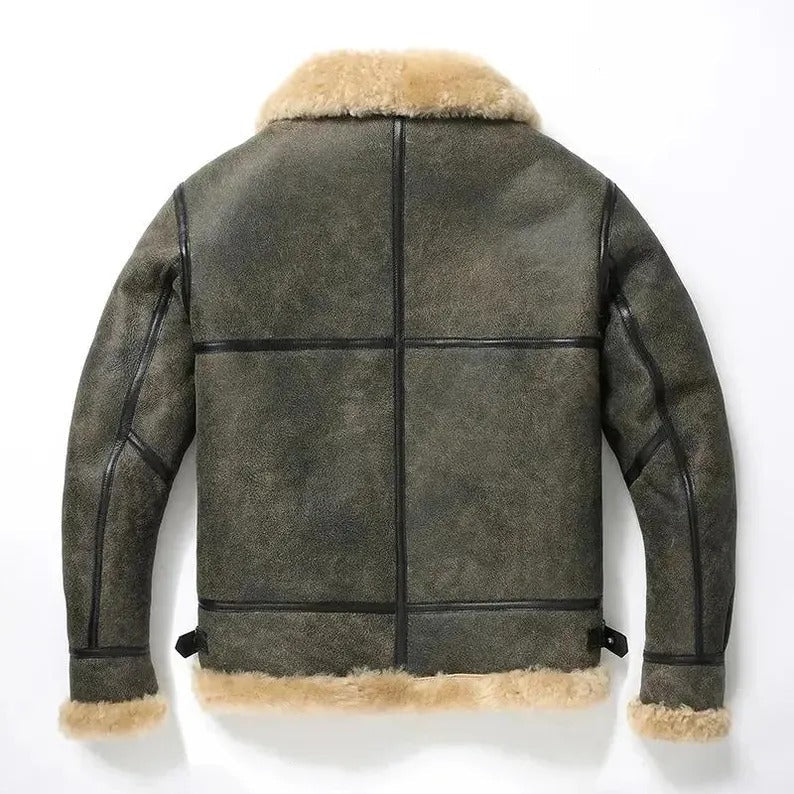 Men's Dark Green Aviator Bomber RAF B3 Winter Jacket, Style Flying Pilot, Warm Shearling Fur Real Sheepskin Leather Jacket,