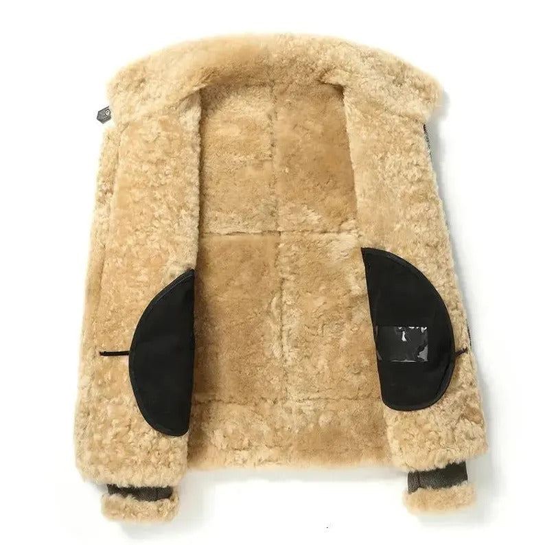 Men's Dark Green Aviator Bomber RAF B3 Winter Jacket, Style Flying Pilot, Warm Shearling Fur Real Sheepskin Leather Jacket,