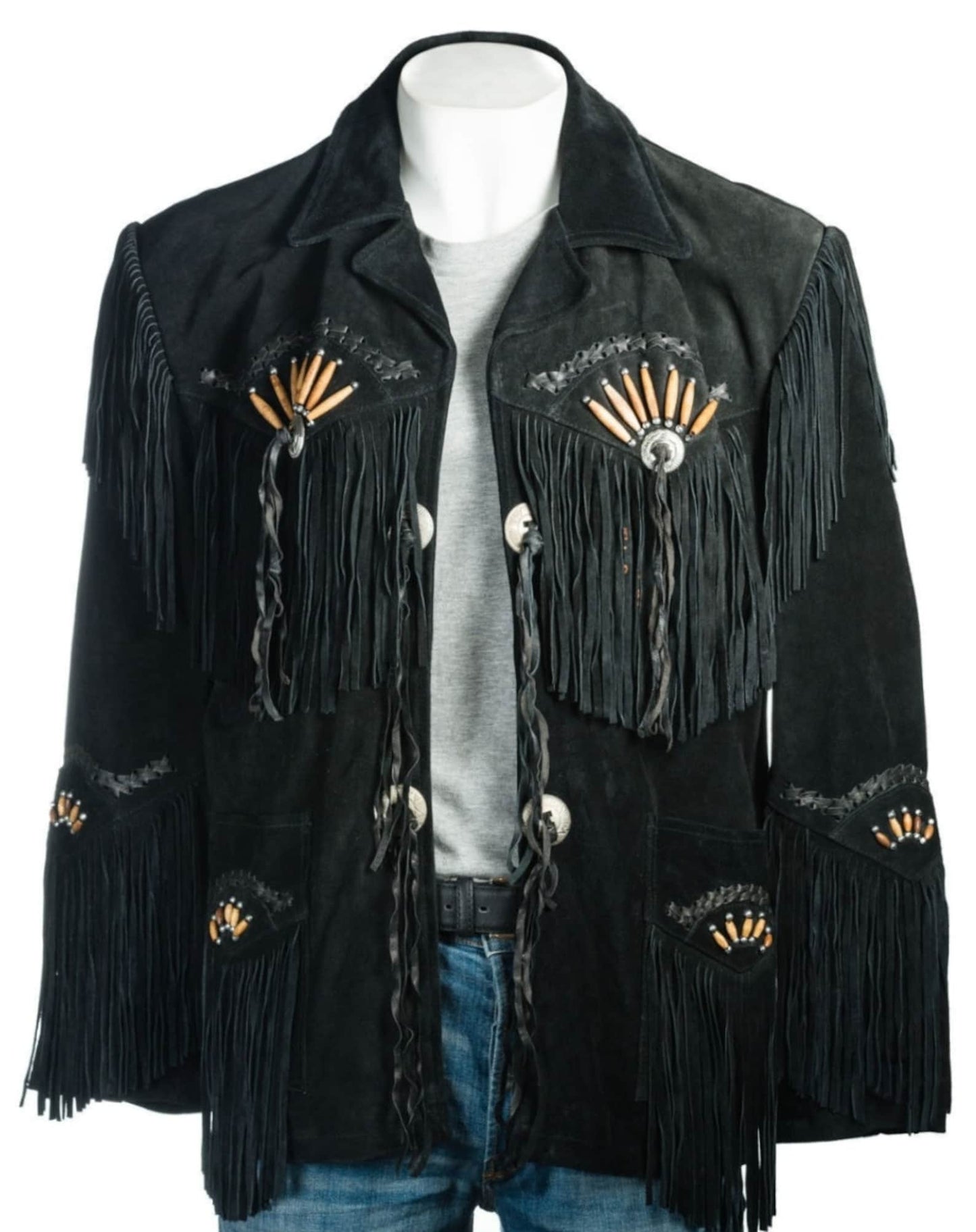 Men Traditional Handmade Native American Western Cowboy Leather Jacket Coat With Fringes and Bones , Gifts For Him , Gifts For Men