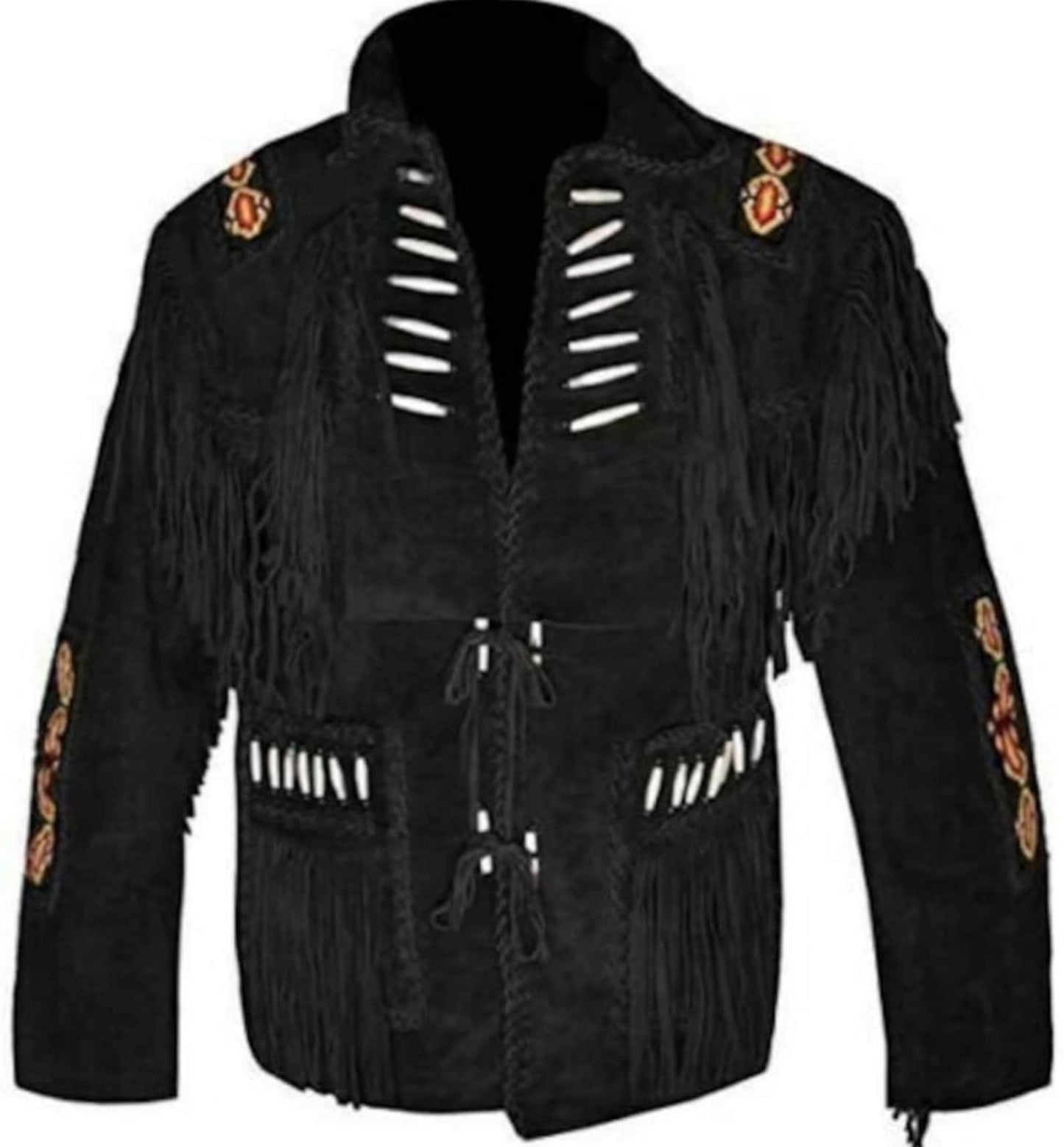Men Traditional Handmade Native Indian American Western Cowboy Leather Jacket Coat With Fringes and Beads