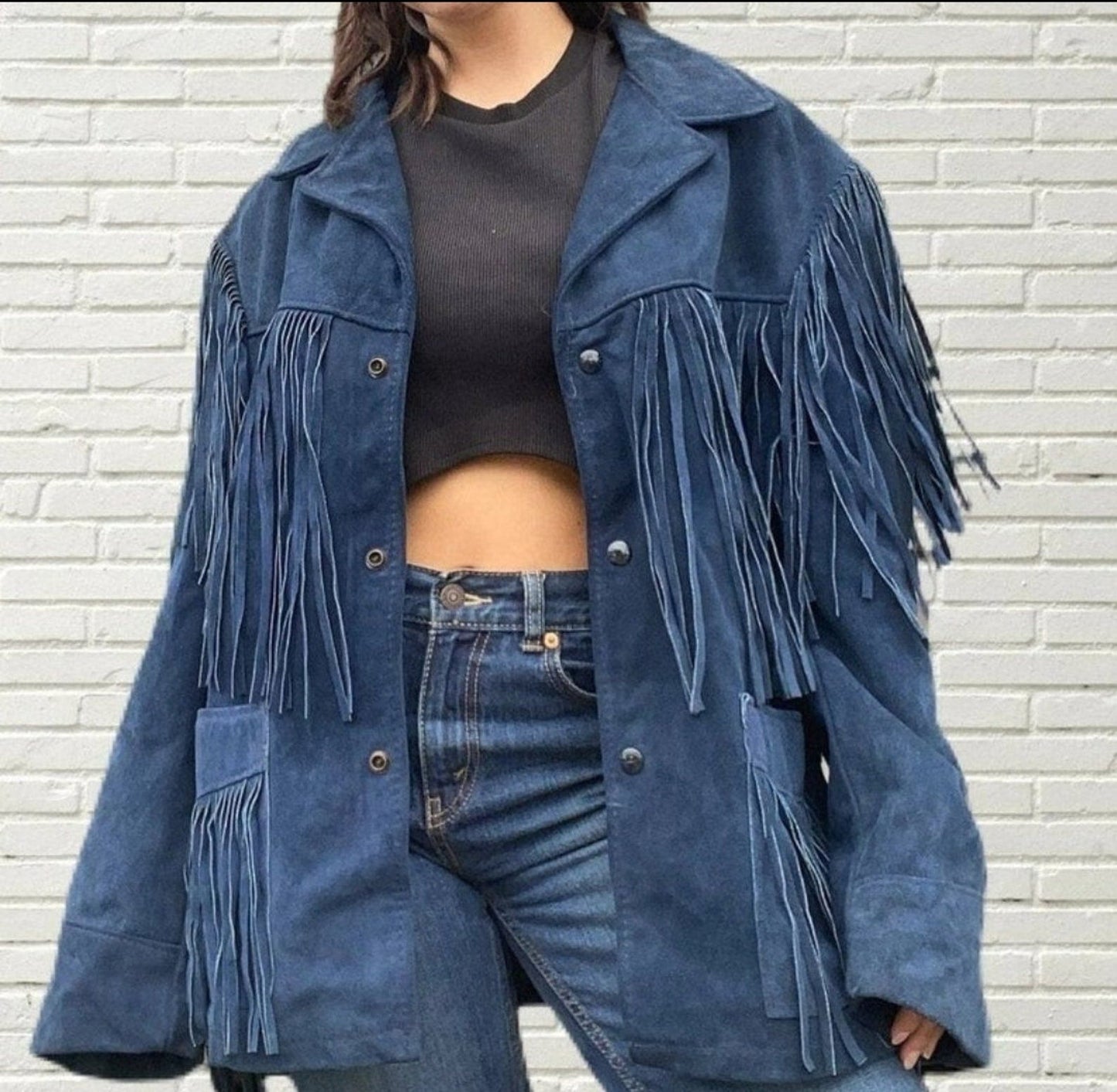 Fringe Suede Women's Jacket, Fringe Western Vintage Jacket Ladies Leather Jacket, Genuine Suede Leather,Blue Western Jacket, Gifts For Women
