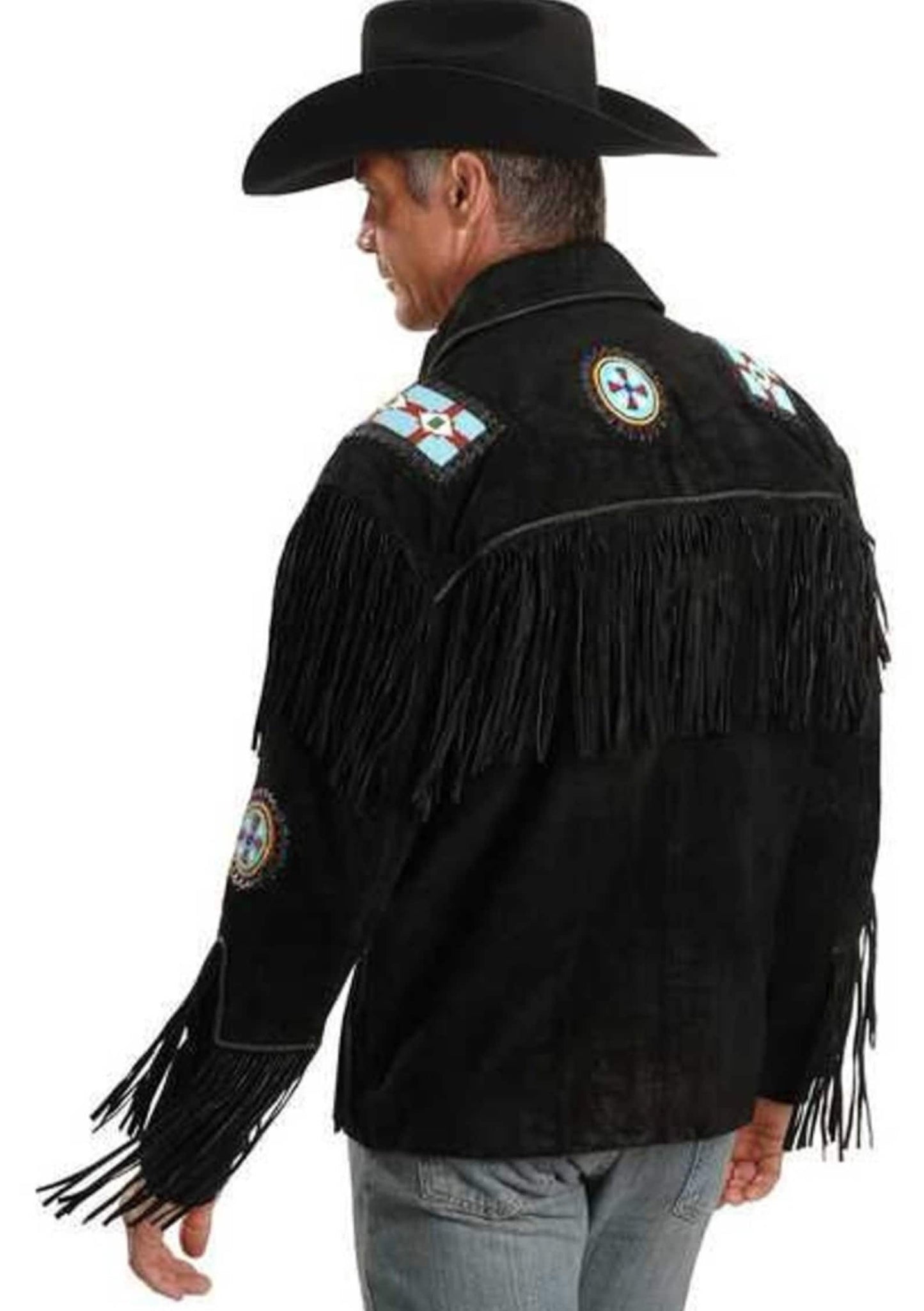 Black Suede Handmade Braided Beads Crafted Men's Western Jacket - Black Leather Men Jacket Cowboy Leather Jacket , Gifts For Men
