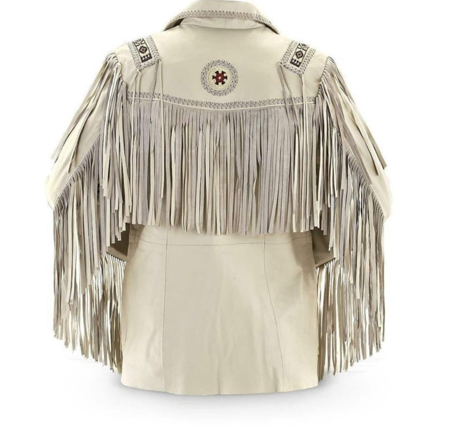 Men's Traditional Western Cowboy Leather Jacket Coat With Fringes And Beads - White Leather Jacket Vintage Apparel Handcrafted Jacket
