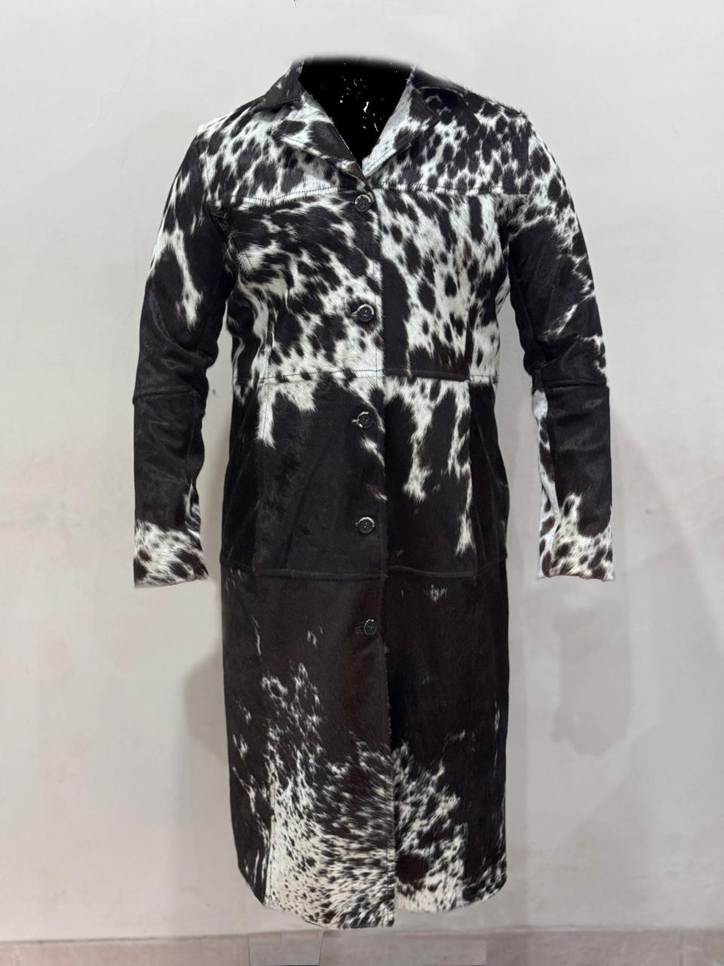 Stylish Hair on Hide Leather Coat Long Winter Jacket Handcrafted Cowhide Fur Coat