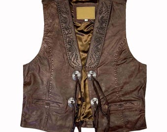 Men's Brown Leather Western Vest Tooled Cowboy Concho Waistcoat Vintage Rodeo Biker Outfit