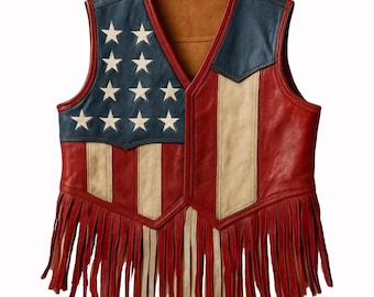 American Flag Leather Fringe Vest: Patriotic Cowboy Biker Style