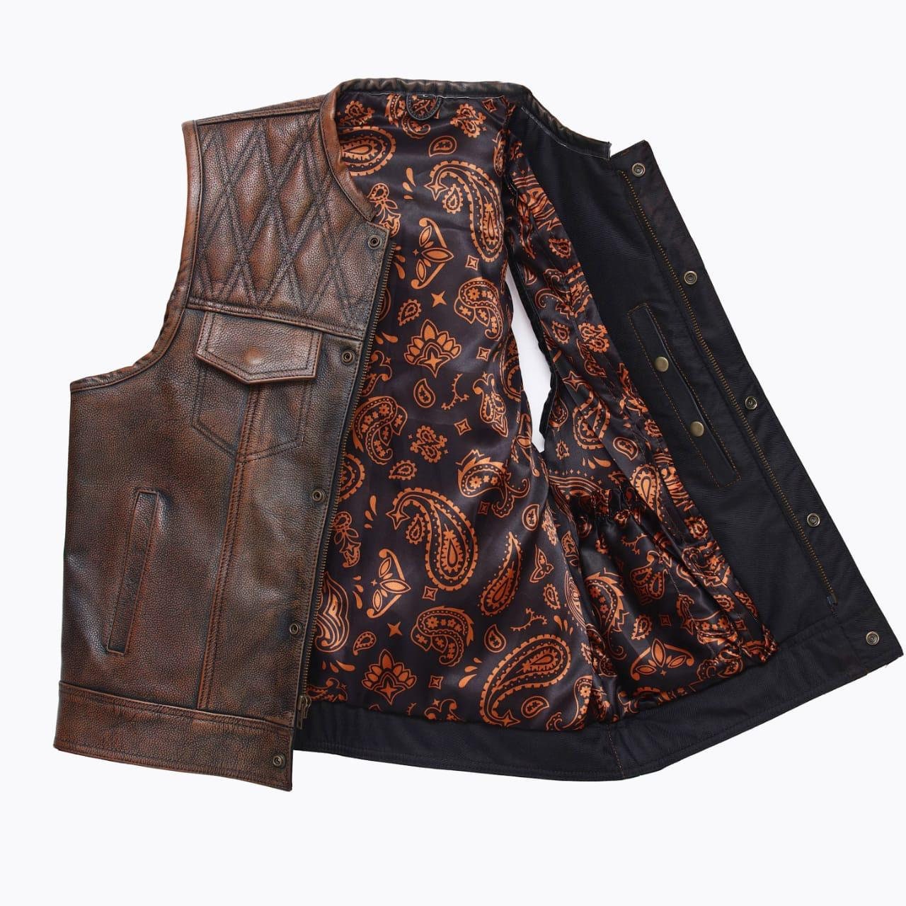 Mens leather vest with brown wax leather biker vest. Motorcycle leather vest Brown Quilted biker vest, Vintage leather premium class