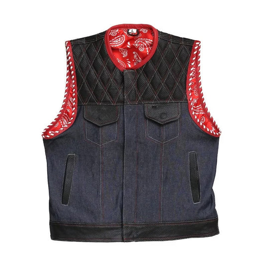 Leather vest,Diamond Quilted Perforated Leather Style Denim & Leather Motorcycle Vest Braided Men's Leather Vest Biker Rider Club