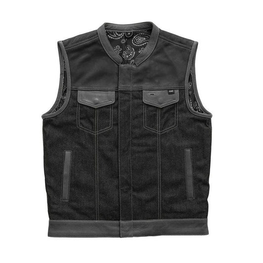 Black Leather & Denim Biker Vest with Black Paisley Bandana Lining