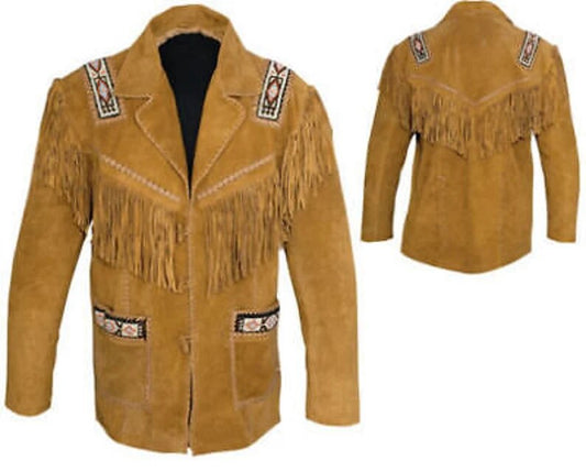 Western Jacket Men Brown Suede Vintage Traditional Western Cowboy Leather Jacket With Fringe Hand Made Country Side Red Indian Western Wear