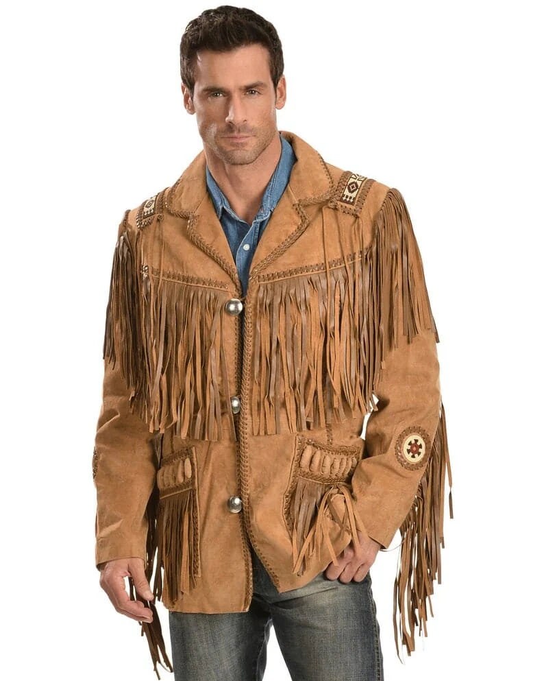 Leather jacket Men's Traditional Native Brown Classic Suede Leather Western Jacket With Braided Fringes Country Side Red Indian Western Wear