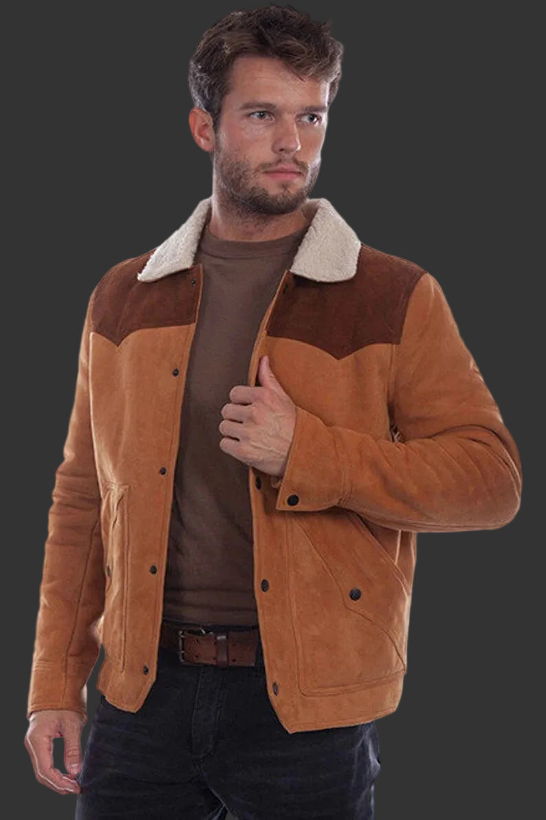 Men's Western Jean Jacket - Aztec Trim Suede Jacket - Brown Rode Country Side Cowboy Leather Jacket Country Side Style