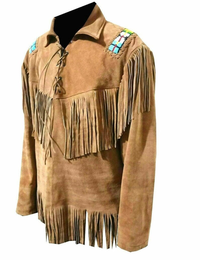 Men Brown Suede Vintage Traditional Western Cowboy Leather Jacket With Fringe Hand Made Country Side Red Indian Western Wear