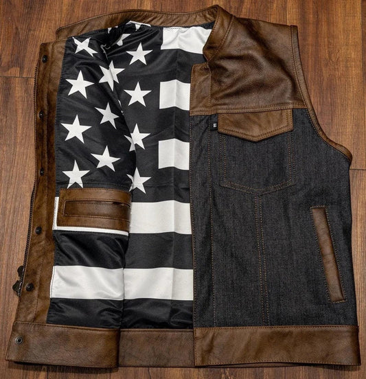 American Flag Distressed Brown Leather - Denim Biker Vest – Vintage Style