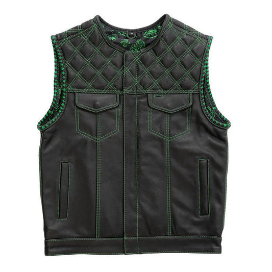 Club-Style Full Leather Zipper Biker Vest with Green Stitching
