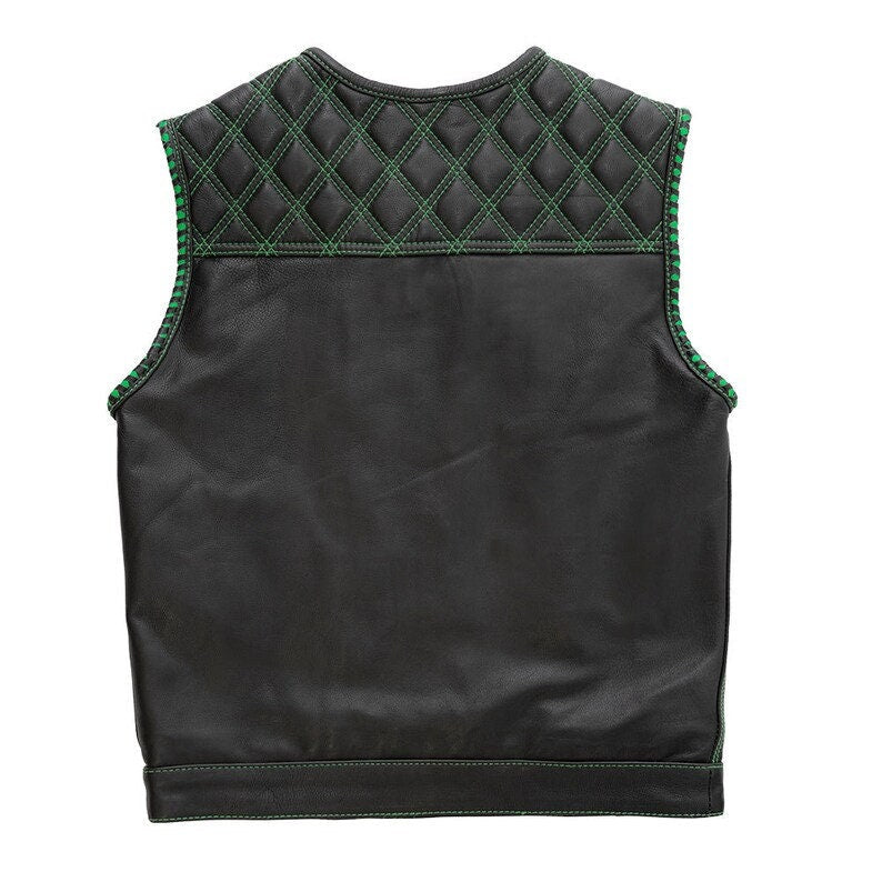 Club-Style Full Leather Zipper Biker Vest with Green Stitching