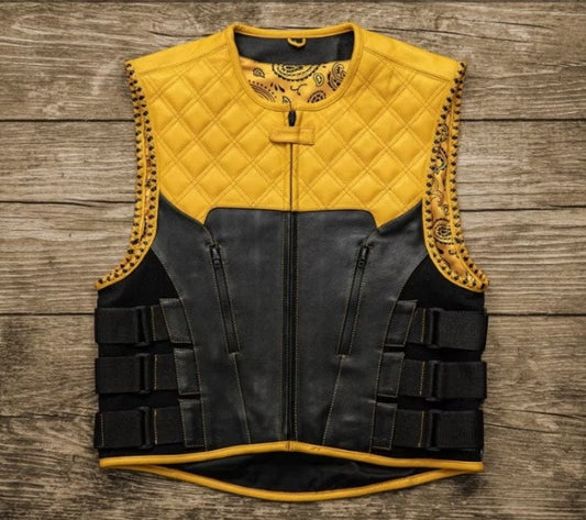 Hunt Club Diamond Quilted Leather Vest with Black & Yellow Paisley
