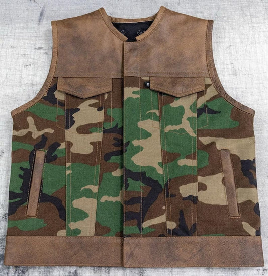 Distressed Camo Leather Biker Vest | Handmade SOA Club Motorcycle Waistcoat