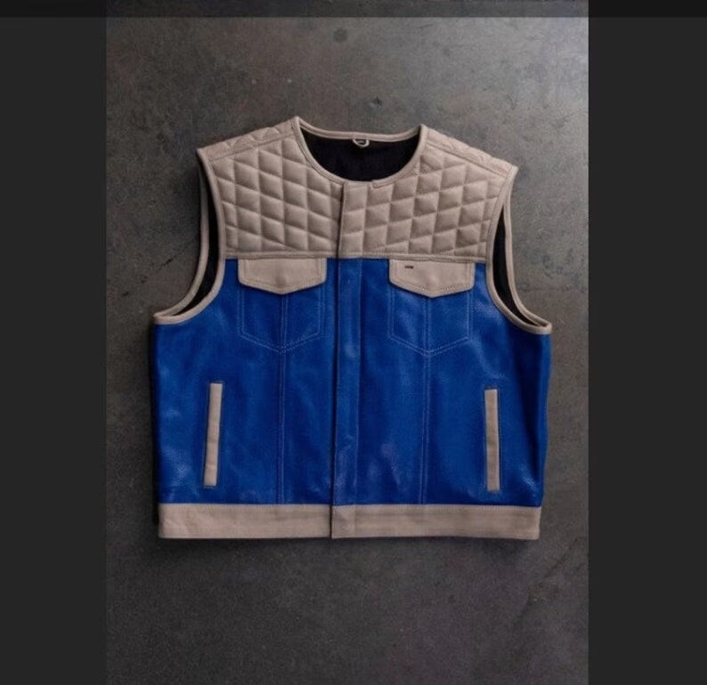 Blue & White Braided Leather Biker Vest for Men