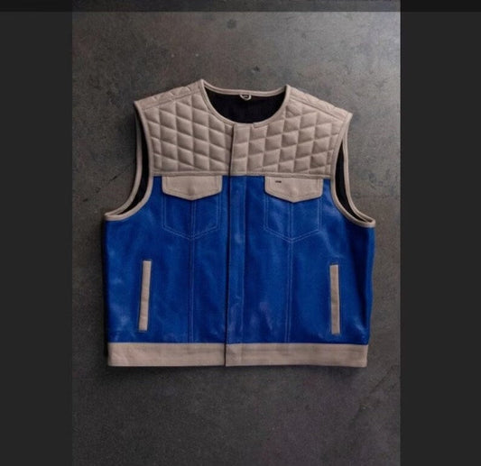 Blue & White Braided Leather Biker Vest for Men