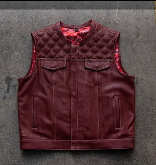 Maroon Braided Leather Motorcycle Vest for Men
