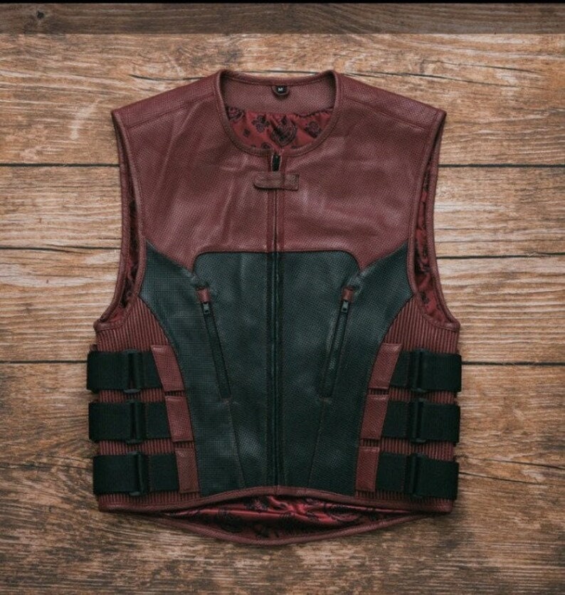 Hunt Club Diamond Quilted Black & Maroon Leather Biker Vest