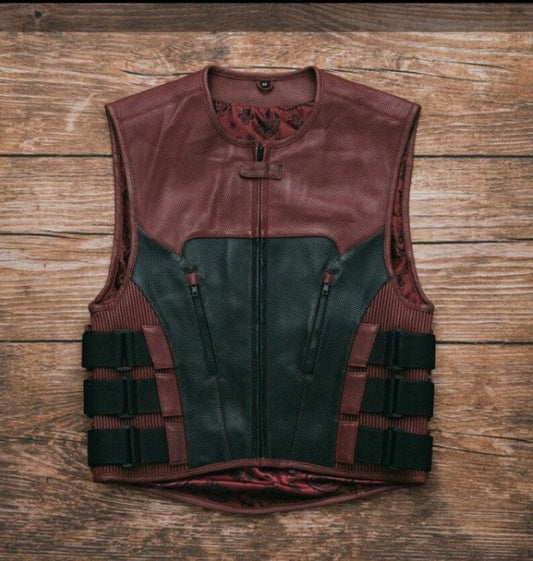 Hunt Club Diamond Quilted Black & Maroon Leather Biker Vest