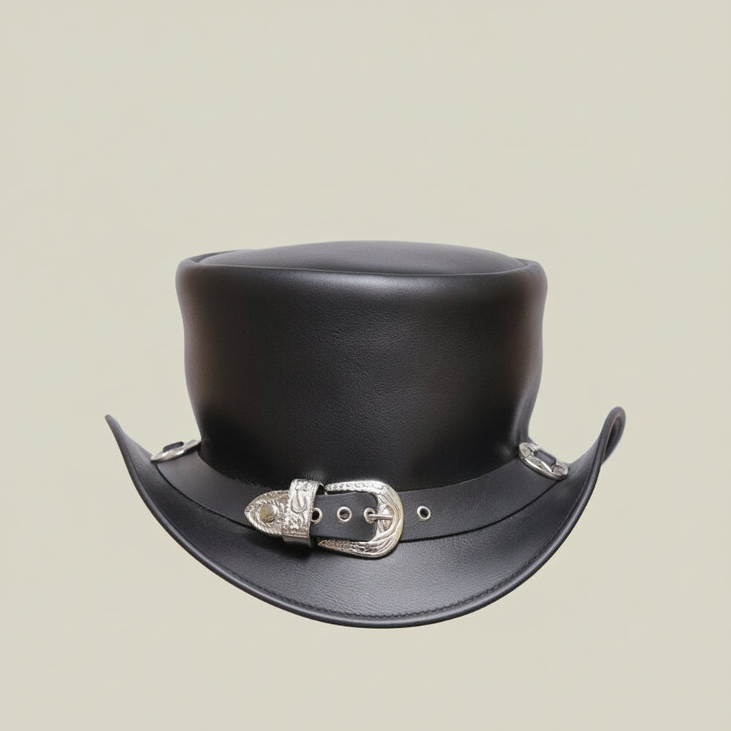 Western Cowboy Buckle Band Style Steampunk Leather Top Hat Motorcycle Rider