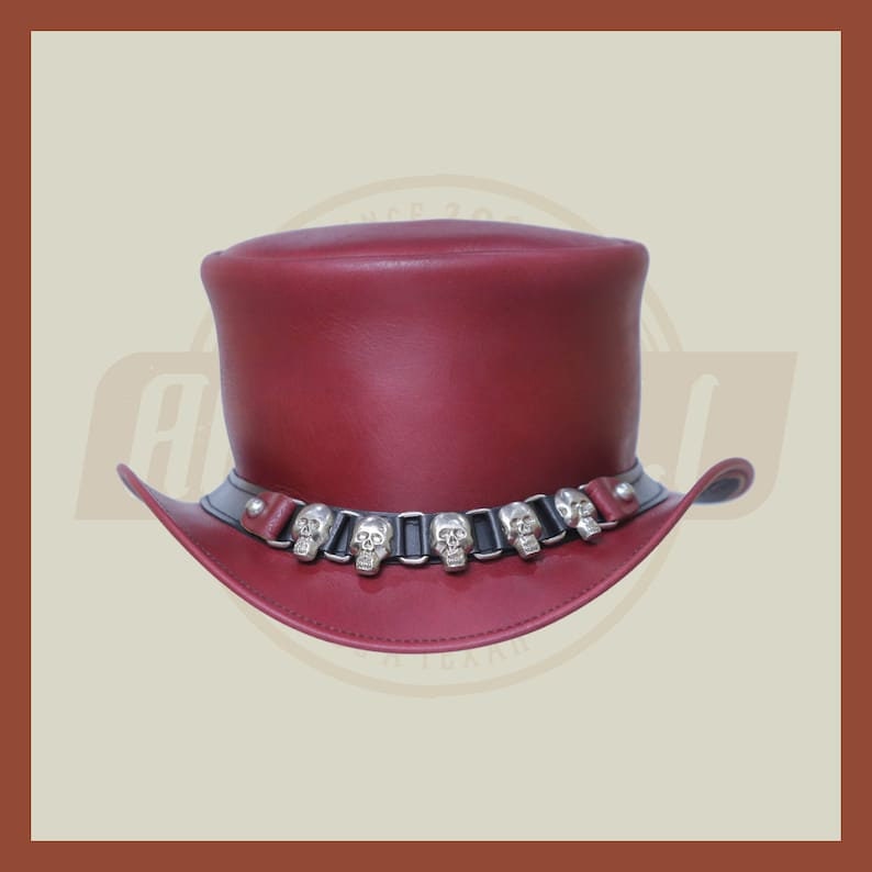 Brownish Purple Leather Skull & Skulls D Band Steampunk Top Hat Motorcycle Rider Biker