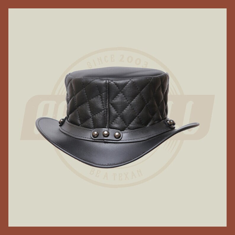 Men’s Leather Steampunk Plain Motorcycle Side Bead Band Biker Quilted Top Hat- Black Leather Hat, Leather Top Hat