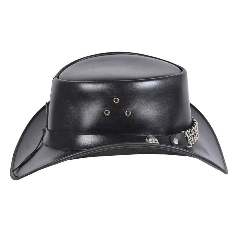 Cowboy Hat Outback Hat Unisex Western-Style Hat For Men Skull Chain Band Black Leather Hat For Women Gift For Him Gift For Her