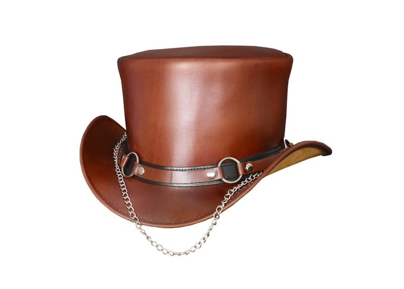 Steampunk Hat El Dorado Top Hat SR2 Band Brown Leather Hat Motorcyclists Hat Biker Hat Gift For Her Gift For Him