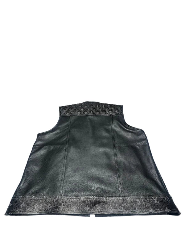 Black quilted leather biker vest for men