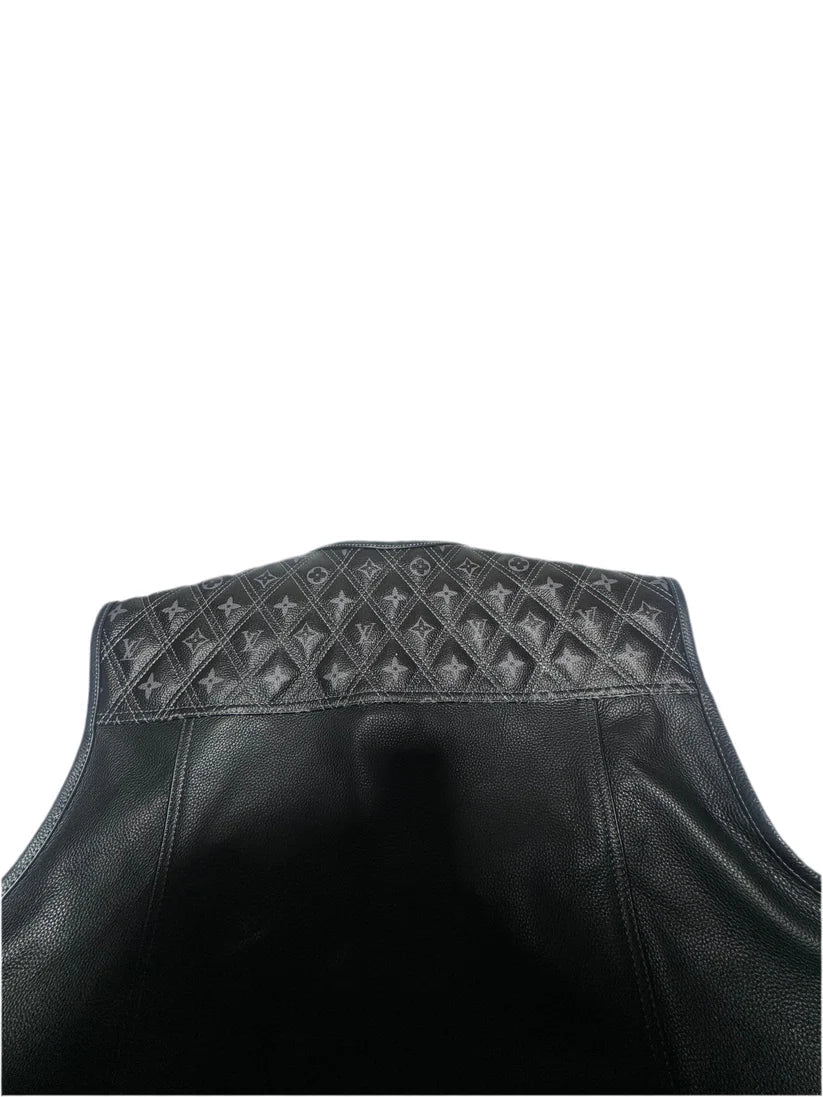 Diamond quilted black leather vest front view